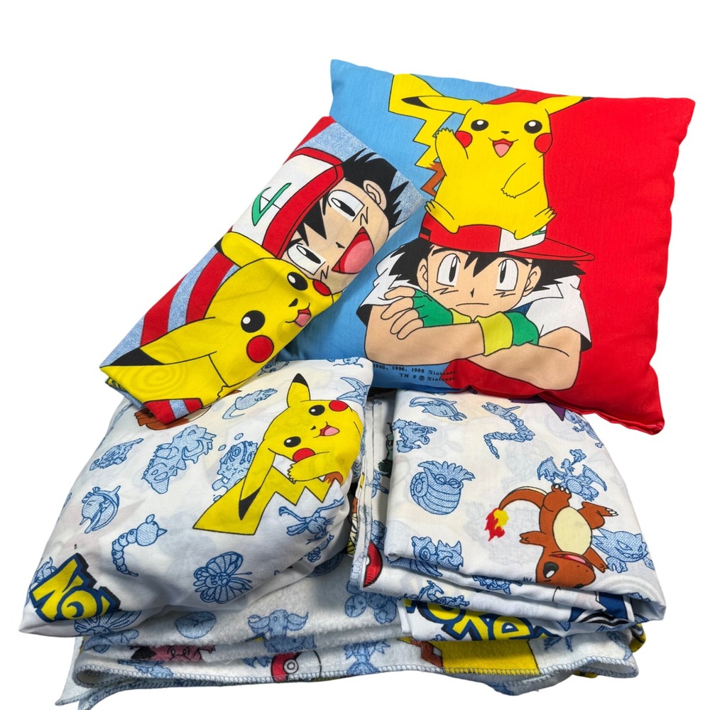 Pokemon Vintage 1995 Complete Bedding Set Twin Blue Red Pikachu Ash Ketchum 90s